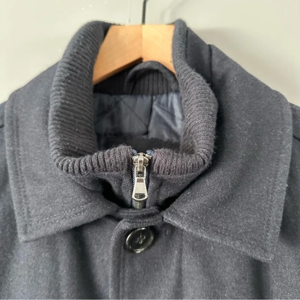 Towne by London Fog Wool Blend Quilted Zip and Button Up Coat |‎ Navy Blue